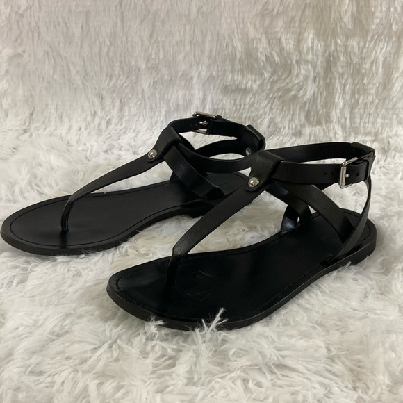& OTHER STORIES WOMEN BLACK T FRONT GENUINE LEATHER ROMAN STYLE SANDALS.SIZE-7 - Picture 1 of 12